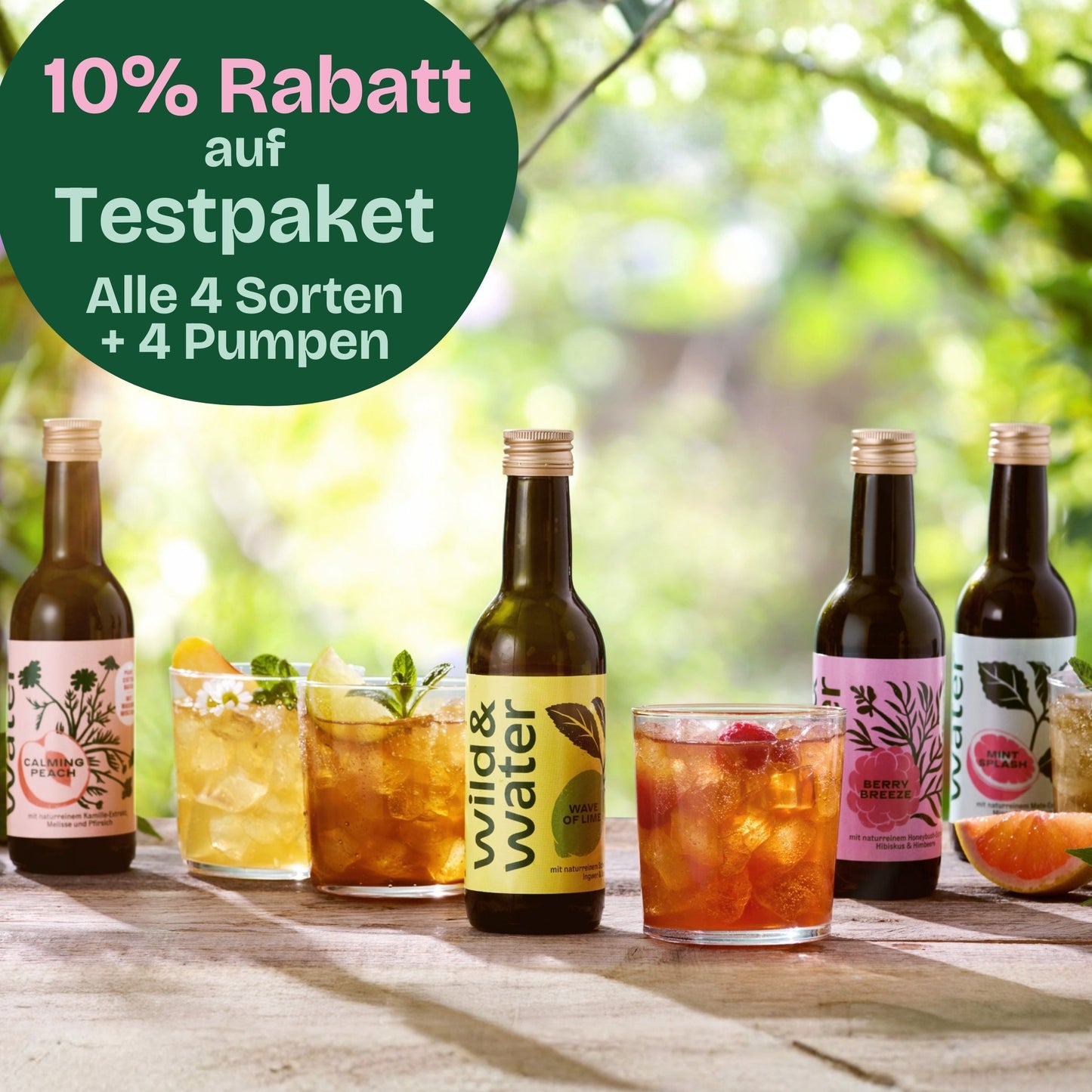 Natürlich erfrischen: Entdecke alle vier Wild&Water Sorten inkl. Pumpverschlüsse mit 10% Aktions-Rabatt